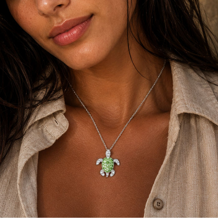 Rhodium Plated 925 Sterling Silver Clear and Green CZ Turtle Pendant Necklace - STP01461