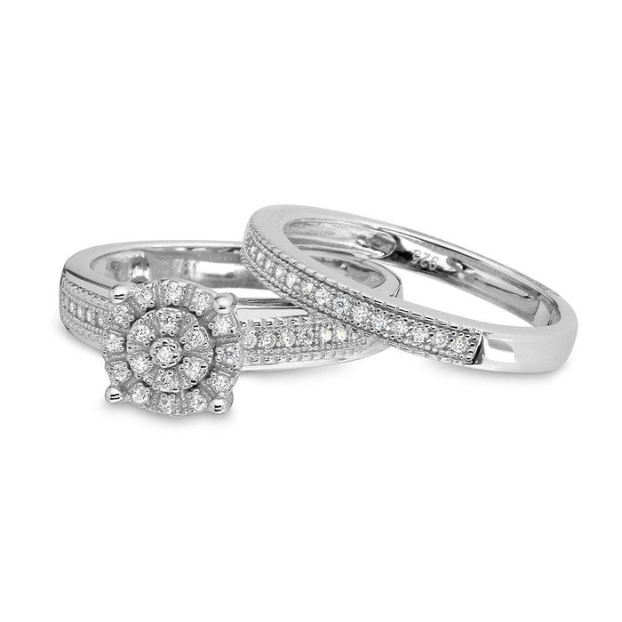 Rhodium Plated 925 Sterling Silver Cluster Stones Wedding Ring Set - GMR00178
