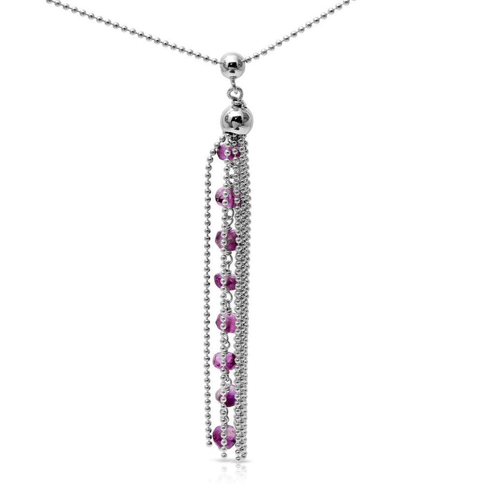 Rhodium Plated 925 Sterling Silver Colored Beaded Birthstone Tassle Necklace - DIN00068