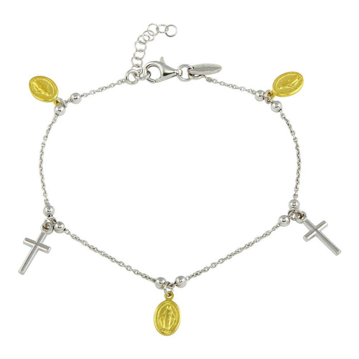 Silver 925 Rhodium Plated Cross and Lady of Guadalupe Charm Bracelet - ARB00030 | Silver Palace Inc.