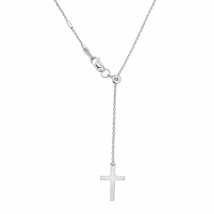 Rhodium Plated 925 Sterling Silver Cross Slider Tube Chain with Cross Dangle Necklace - DIN00065RH
