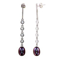 Silver 925 Rhodium Plated CZ Bar Fresh Water Black Pearl Drop Earrings - BGE00563 | Silver Palace Inc.