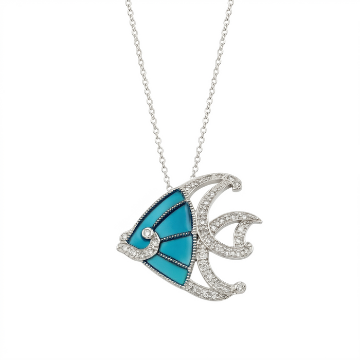Rhodium Plated 925 Sterling Silver CZ and Blue Fish Pendant Necklace - BGP00856