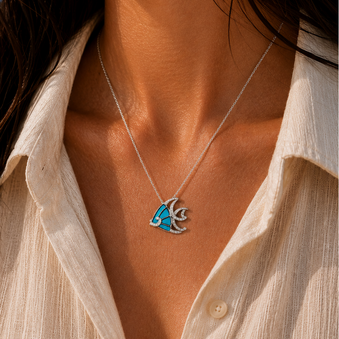 Rhodium Plated 925 Sterling Silver CZ and Blue Fish Pendant Necklace - BGP00856