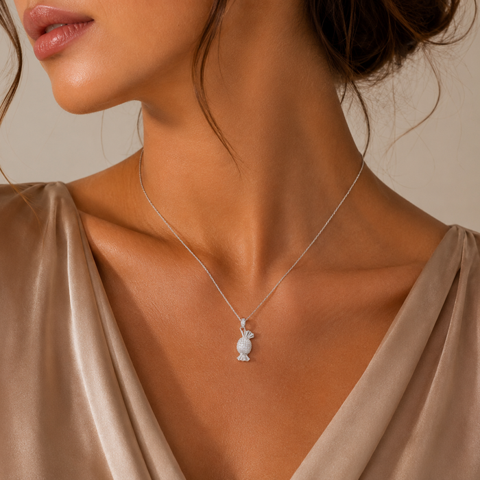Rhodium Plated 925 Sterling Silver CZ Candy Pendant Necklace - STP01653