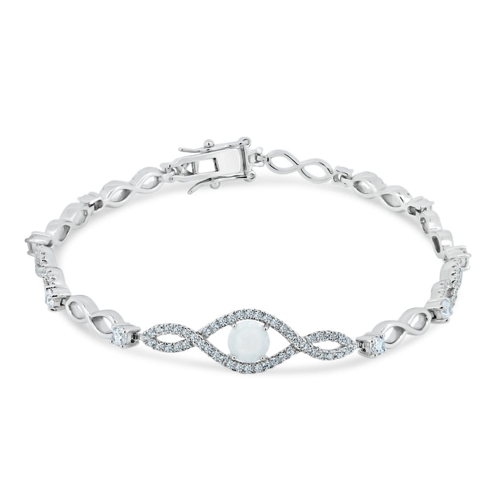 Rhodium Plated 925 Sterling Silver CZ Eye Bracelet with Synthetic Opal - BGB00283