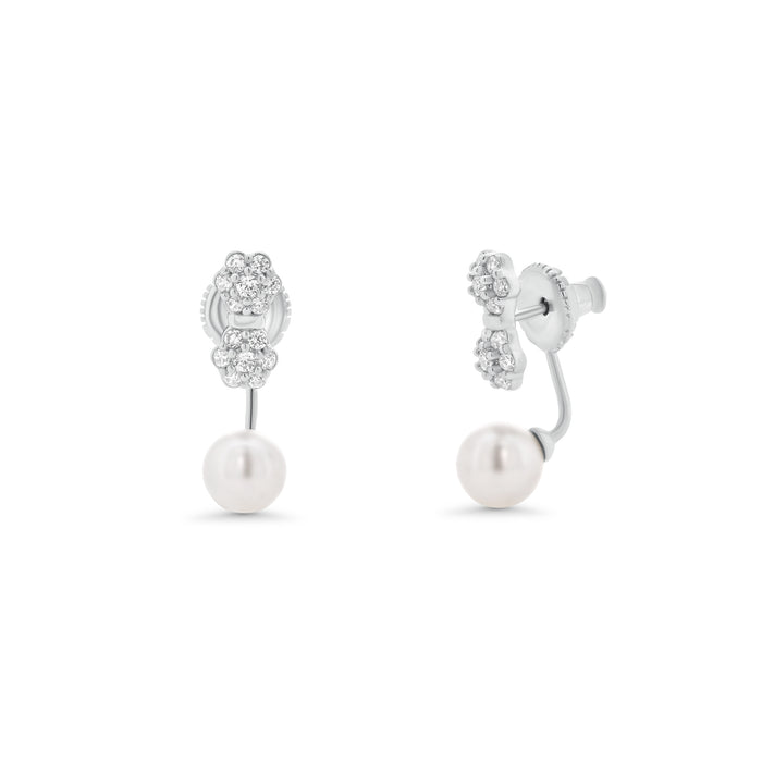 Rhodium Plated 925 Sterling Silver CZ Flowers Pearl Drop Front and Back Telephone Earrings - BGE00564