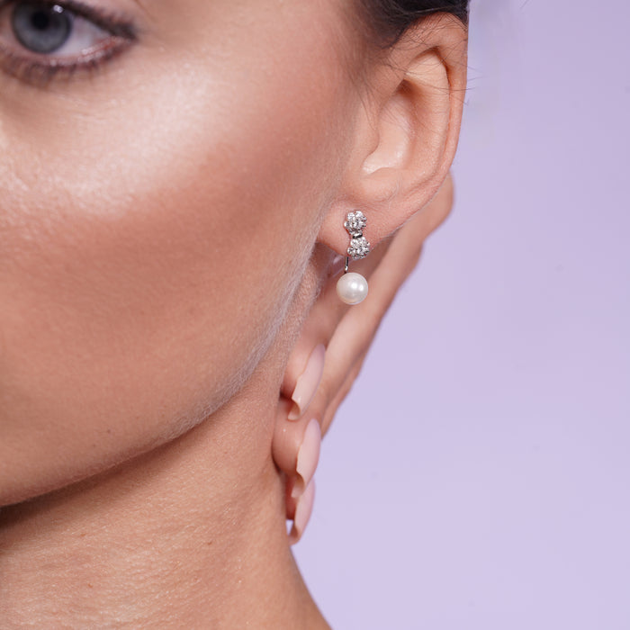 Rhodium Plated 925 Sterling Silver CZ Flowers Pearl Drop Front and Back Telephone Earrings - BGE00564