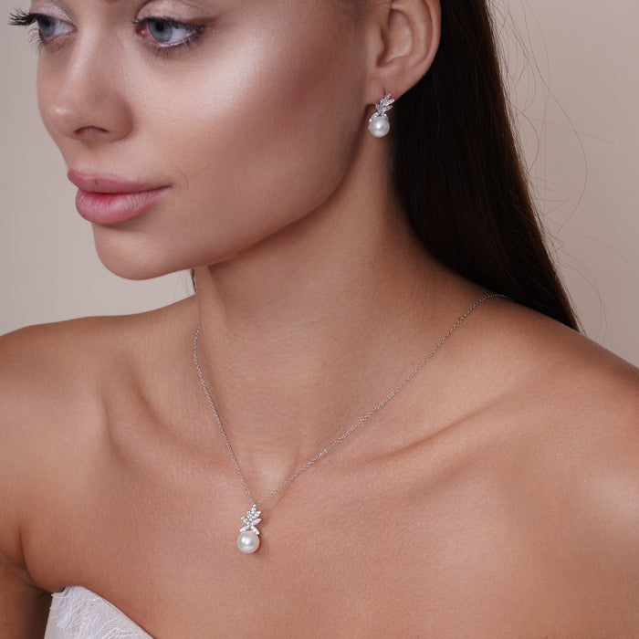 Silver 925 Rhodium Plated CZ Leaves with Synthetic Pearl Set - BGS00528 | Silver Palace Inc.
