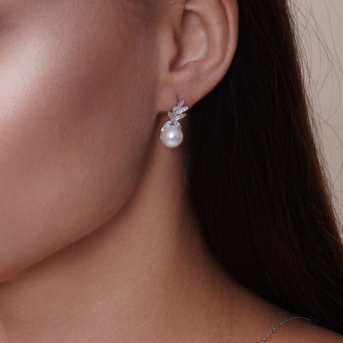 Silver 925 Rhodium Plated CZ Leaves with Synthetic Pearl Set - BGS00528 | Silver Palace Inc.