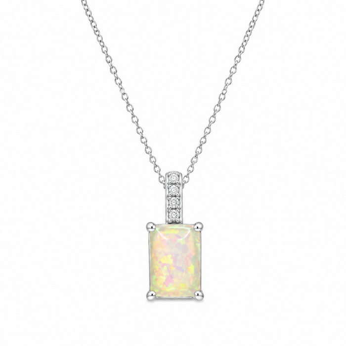 Rhodium Plated 925 Sterling Silver CZ & Opal Rectangular Pendant Necklace - STP01430