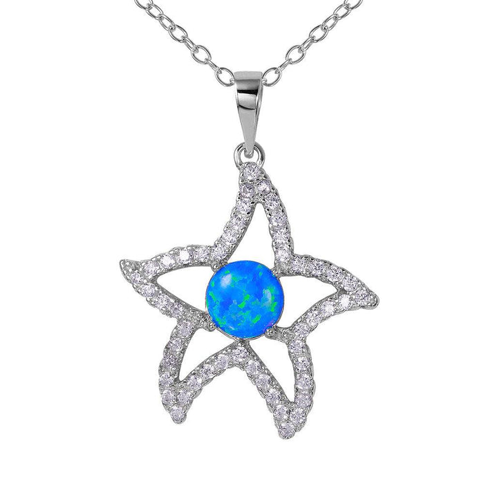 Silver 925 Rhodium Plated CZ Open Starfish with Synthetic Blue Opal Necklace - BGP01073BLU | Silver  Palace Inc. #color_blue