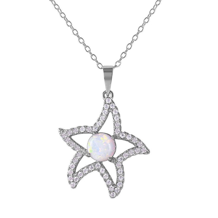 Silver 925 Rhodium Plated CZ Open Starfish with White Center Stone Necklace - BGP01073WHT | Silver Palace Inc. #color_white