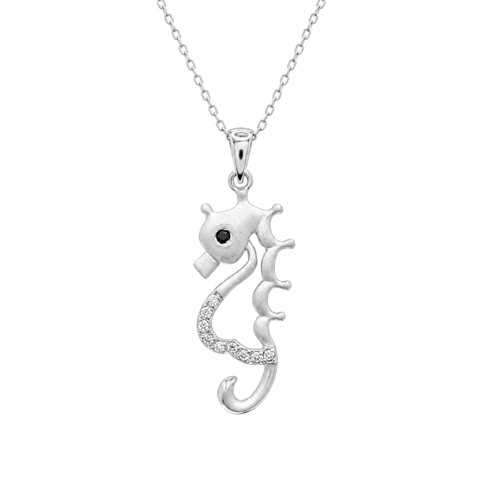 Rhodium Plated 925 Sterling Silver CZ Seahorse Pendant Necklace - BGP00850