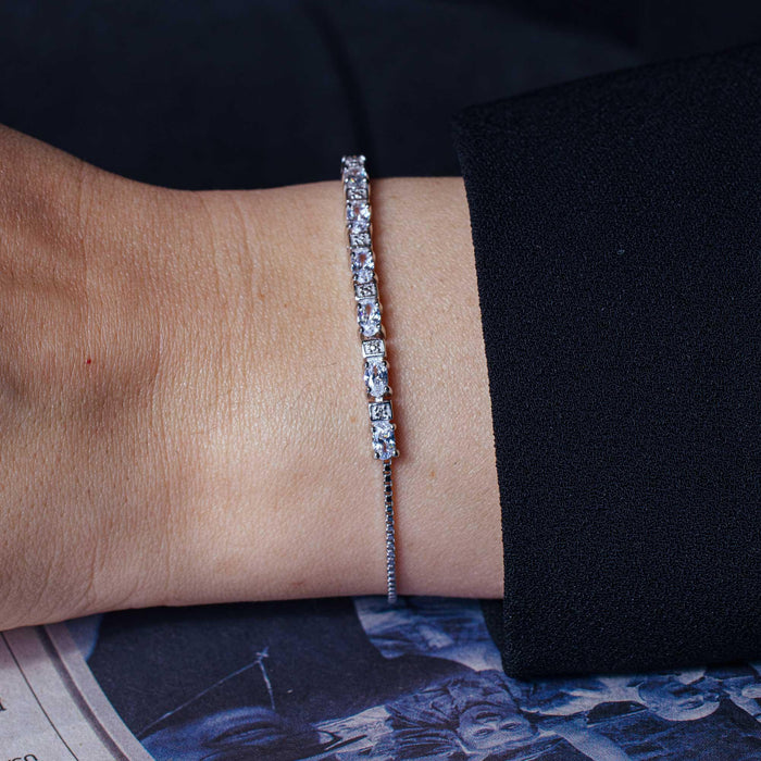 Rhodium Plated 925 Sterling Silver CZ Stone Lariat Bracelet - STB00554