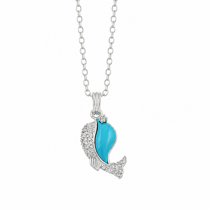 Rhodium Plated 925 Sterling Silver CZ & Stone Whale Pendant Necklace - BGP00855