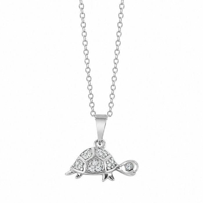 Rhodium Plated 925 Sterling Silver CZ Turtle Pendant Necklace - BGP01038