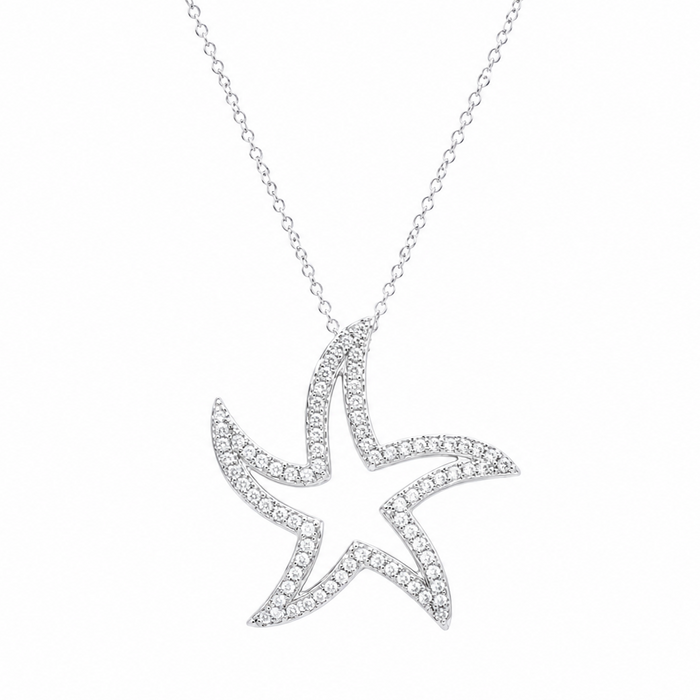 Rhodium Plated 925 Sterling Silver CZ Waved Starfish Pendant Necklace- BGP00940