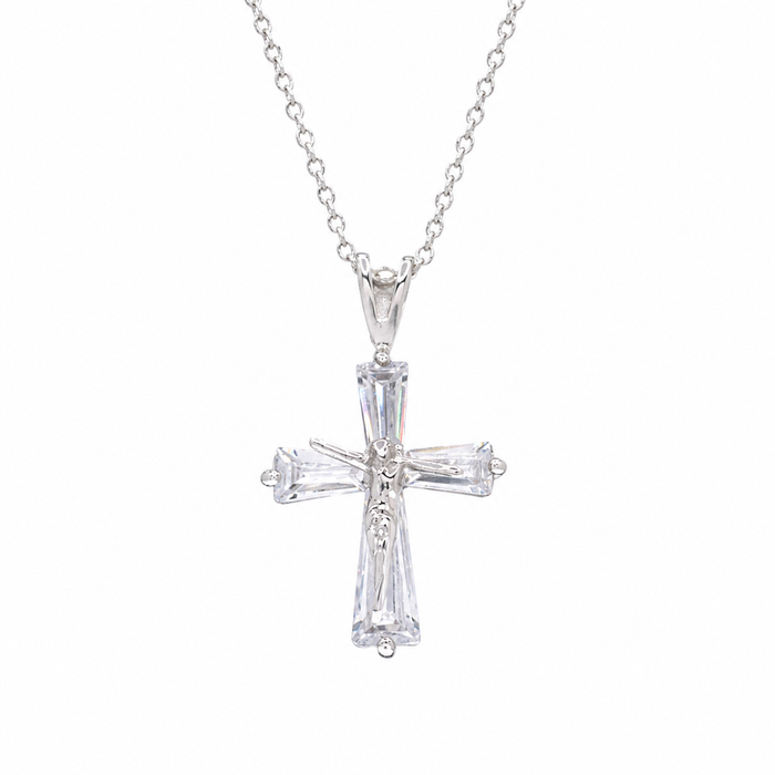 Rhodium Plated 925 Sterling Silver Dainty Jesus CZ Crucifix Pendant Necklace - STP00462