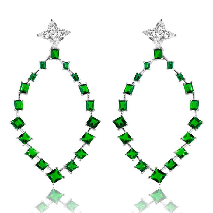 Silver 925 Rhodium Plated Dangling Teardrop Earrings with CZ - GME00102RH-GREEN | Silver Palace Inc.