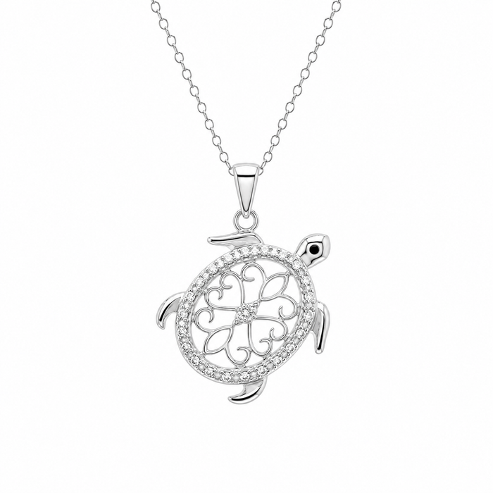 Rhodium Plated 925 Sterling Silver Diamond Turtle Pendant Necklace - STP01307