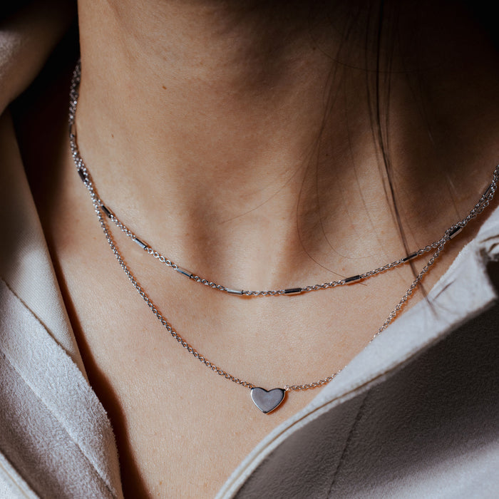 Rhodium Plated 925 Sterling Silver Double Link Heart Pendant Necklace - SOP00062