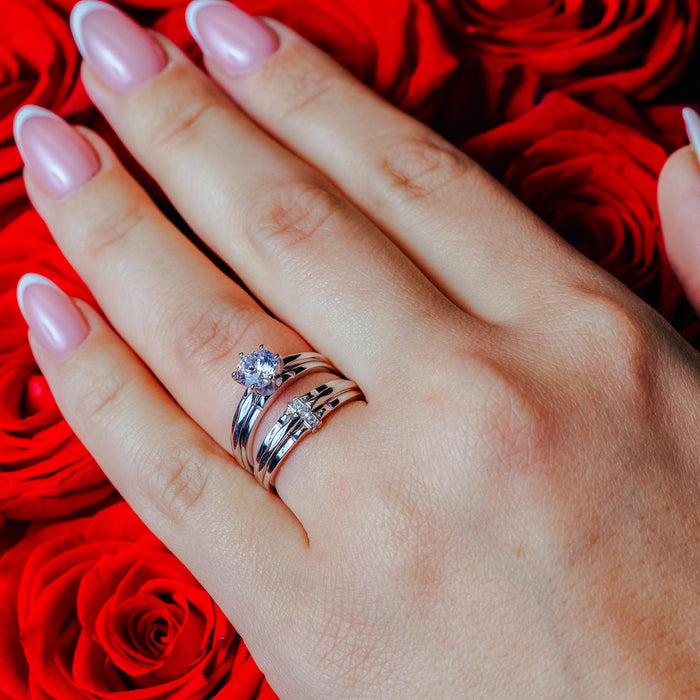 Rhodium Plated 925 Sterling Silver Double Stackable Ring with CZ - GMR00267