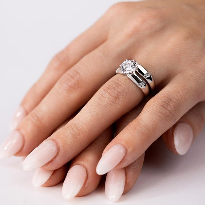 Rhodium Plated 925 Sterling Silver Double Stackable Rings with CZ - GMR00266