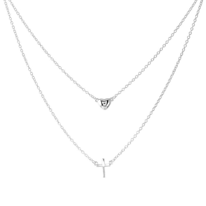 Silver 925 Rhodium Plated Double Strand Heart and Cross Necklace - BGP01198 | Silver Palace Inc.