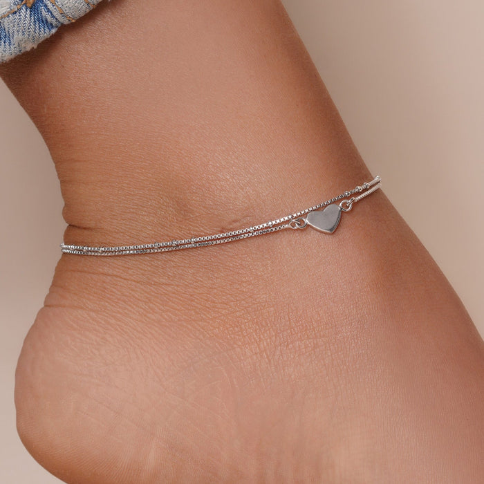 Silver 925 Rhodium Plated Double Strand Heart Anklet - SOA00005 | Silver Palace Inc.