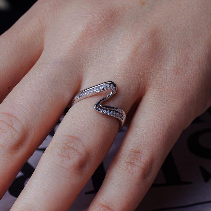 Rhodium Plated 925 Sterling Silver Double Wave CZ Ring - BGR01174
