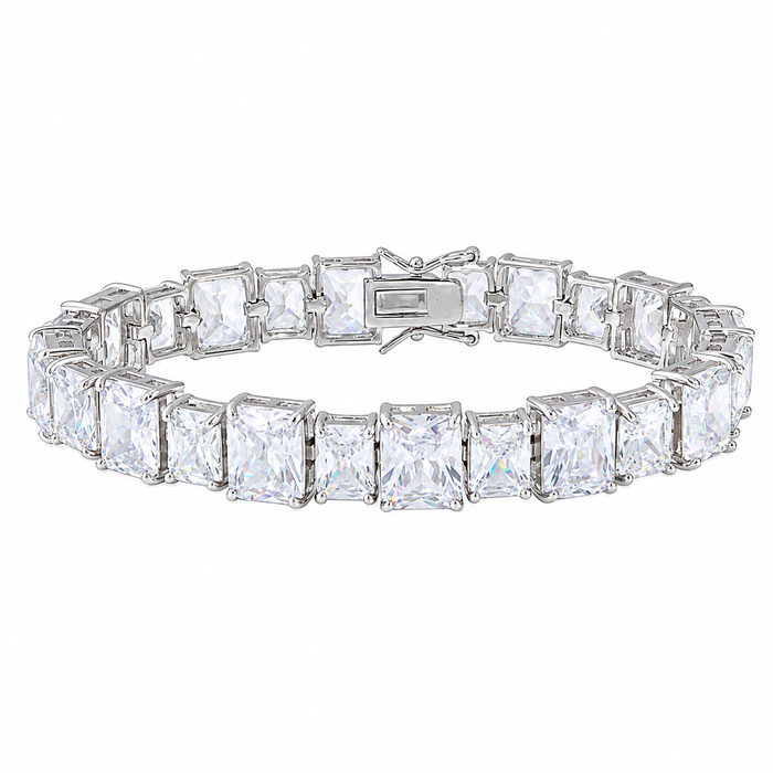 Rhodium Plated 925 Sterling Silver Fancy Alternating Multi Rectangle CZ Tennis Bracelet - STB00544RH