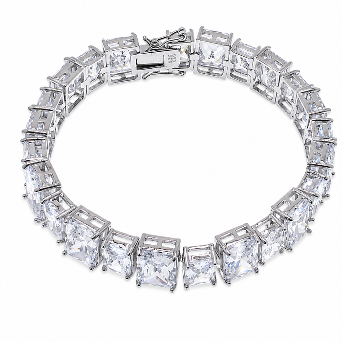 Rhodium Plated 925 Sterling Silver Fancy Alternating Multi Rectangle CZ Tennis Bracelet - STB00544RH