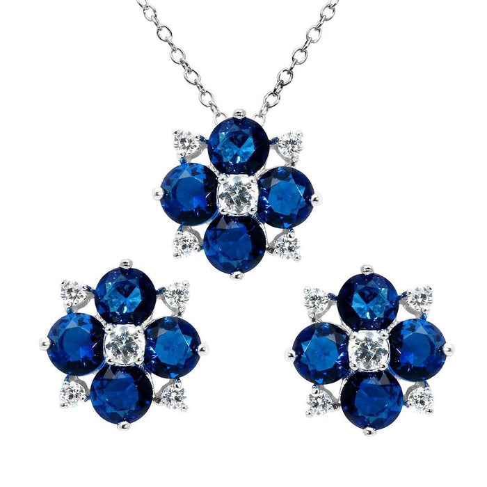 Rhodium Plated 925 Sterling Silver Birthstone Flower CZ Sets - BGS00507 | Silver Palace Inc. #color_blue