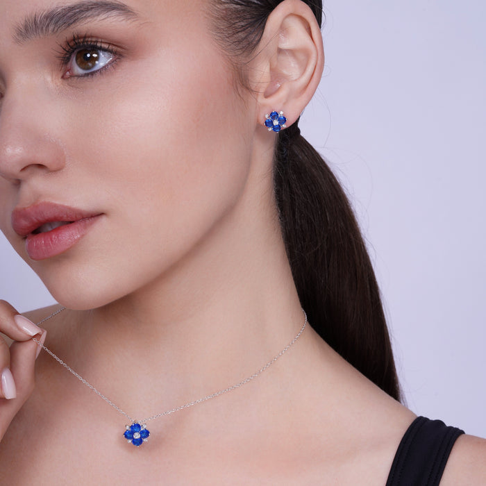 Rhodium Plated 925 Sterling Silver Birthstone Flower CZ Sets - BGS00507 | Silver Palace Inc. #color_blue