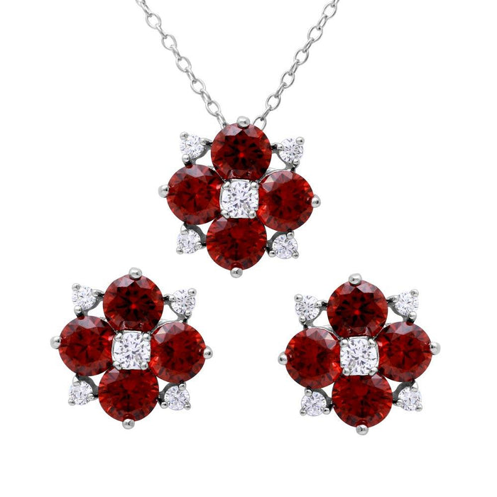 Rhodium Plated 925 Sterling Silver Birthstone Flower CZ Sets - BGS00507 | Silver Palace Inc. #color_red