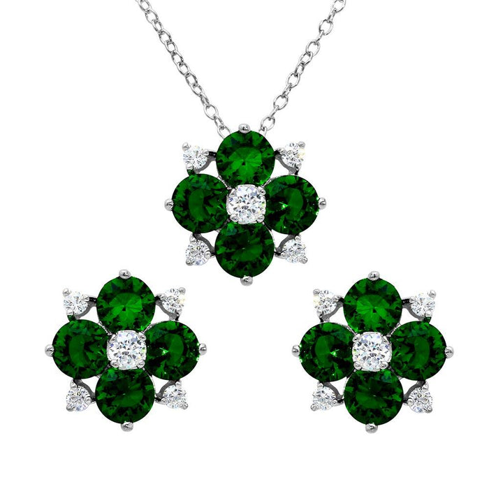 Rhodium Plated 925 Sterling Silver Birthstone Flower CZ Sets - BGS00507 | Silver Palace Inc. #color_green