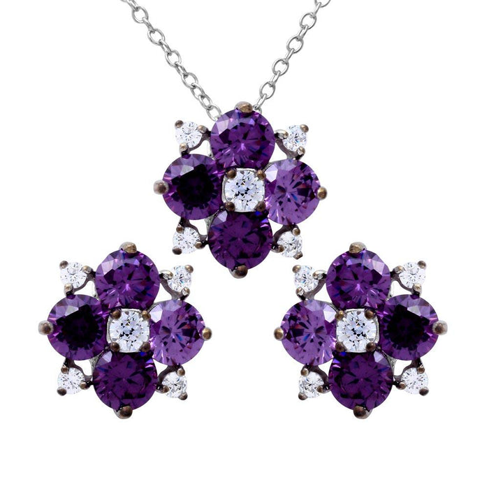 Rhodium Plated 925 Sterling Silver Birthstone Flower CZ Sets - BGS00507 | Silver Palace Inc. #color_purple