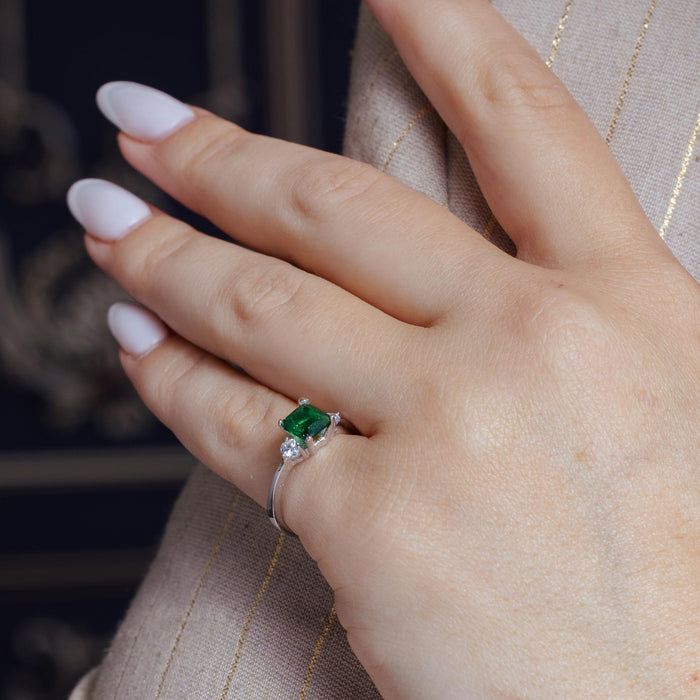 Rhodium Plated 925 Sterling Silver Green CZ Center Stone Ring - BGR01138GRN