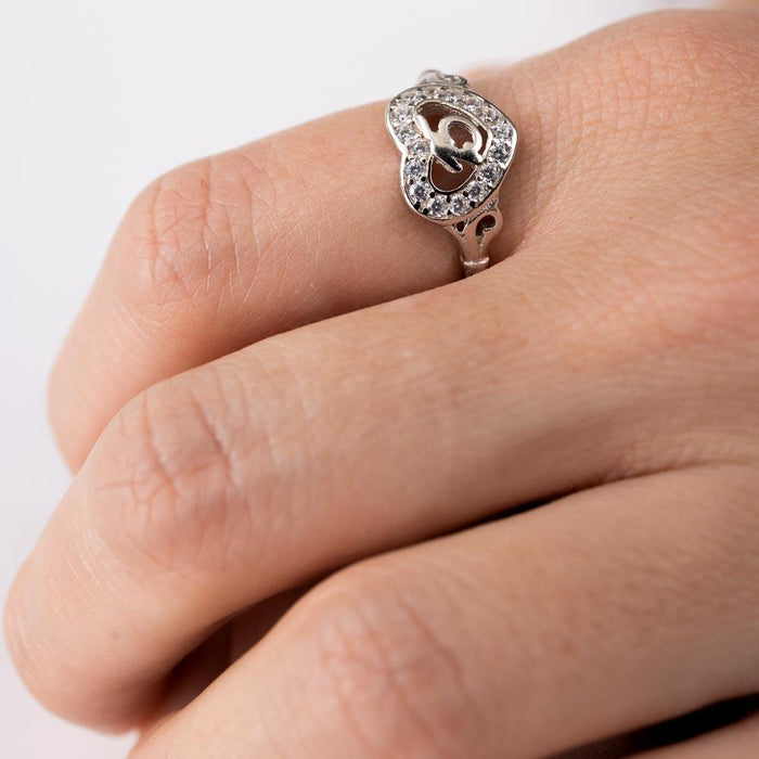 Rhodium Plated 925 Sterling Silver Heart 15 Ring with CZ - TMR00002
