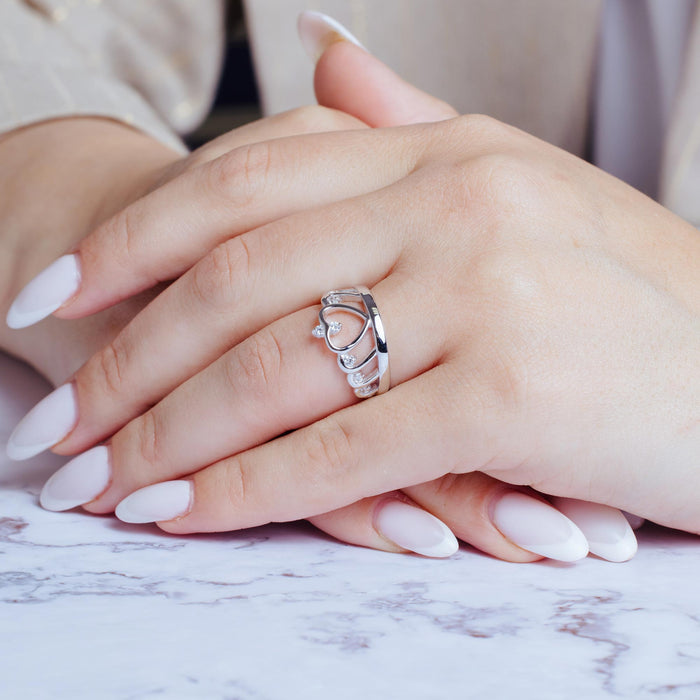 Rhodium Plated 925 Sterling Silver Heart Crown Ring with CZ - BGR01160