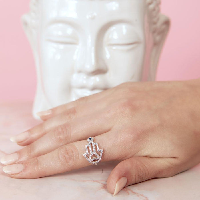 Rhodium Plated 925 Sterling Silver Heart Hamsa and Evil Eye with CZ - GMR00211