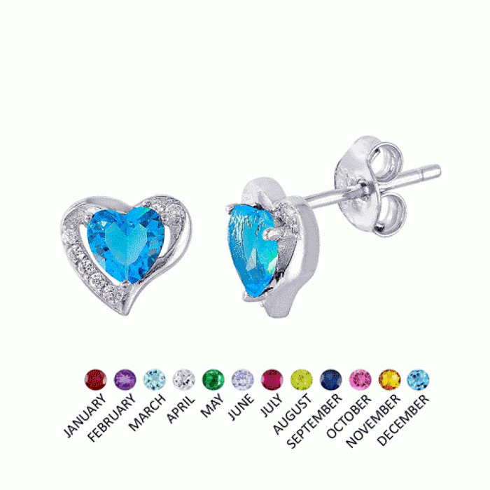 Rhodium Plated 925 Sterling Silver Heart with Birthstone Center Stud Earrings - STE01028