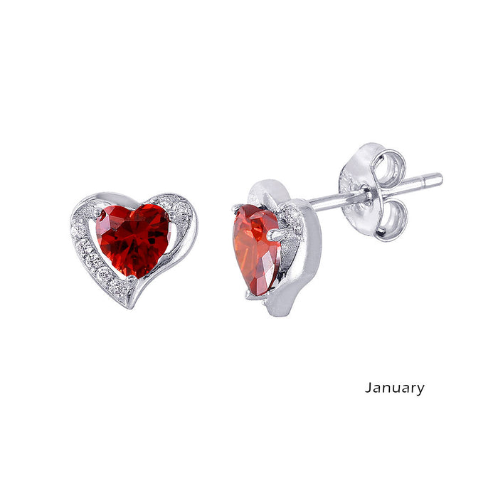 Rhodium Plated 925 Sterling Silver Heart with Birthstone Center Stud Earrings - STE01028