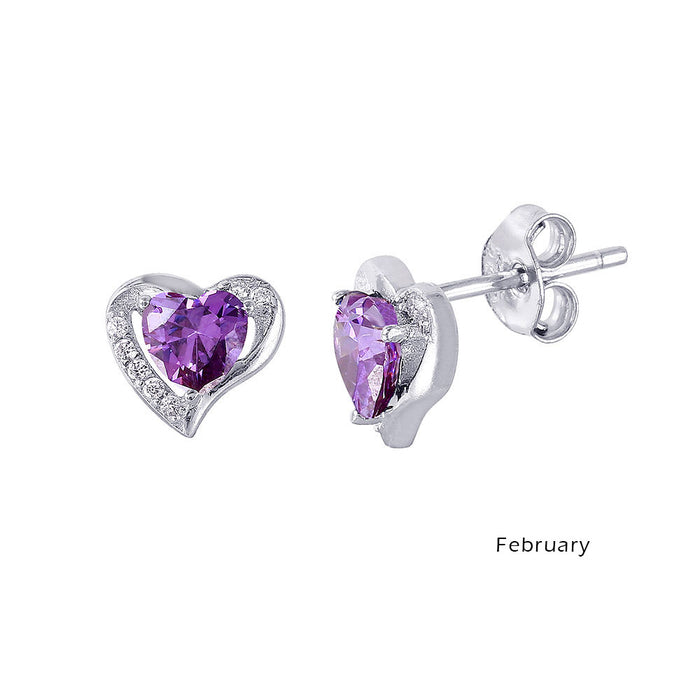 Rhodium Plated 925 Sterling Silver Heart with Birthstone Center Stud Earrings - STE01028