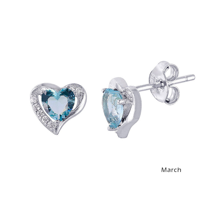 Rhodium Plated 925 Sterling Silver Heart with Birthstone Center Stud Earrings - STE01028