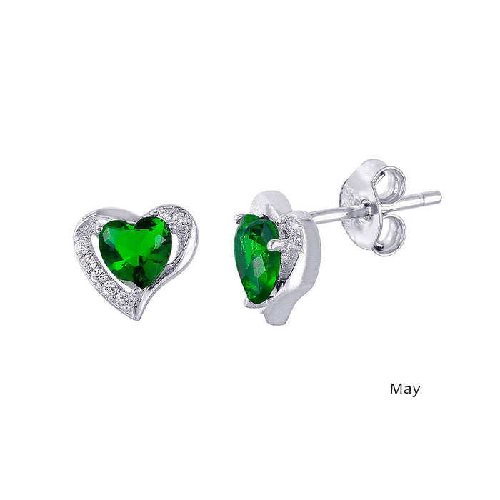 Rhodium Plated 925 Sterling Silver Heart with Birthstone Center Stud Earrings - STE01028