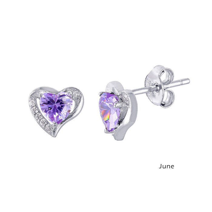 Rhodium Plated 925 Sterling Silver Heart with Birthstone Center Stud Earrings- STE01028