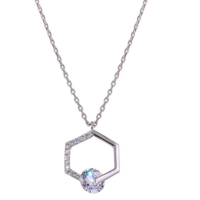 Silver 925 Rhodium Plated Hexagon Pendant Necklace with CZ - GMN00034 | Silver Palace Inc.