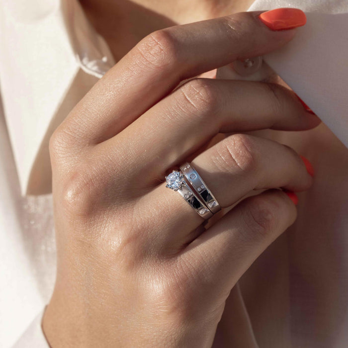 Rhodium Plated 925 Sterling Silver Matte Finish 5 CZ Wedding Ring - GMR00144